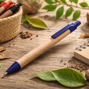еко-ручка кулькова Astrada з паперовим корпусом та синіми елементами на дерев’яній поверхні серед природних матеріалів