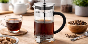 Френч-прес Chill 350 ml TM Discover з чаєм або кавою на кухонному столі поруч з чашкою та зернами кави