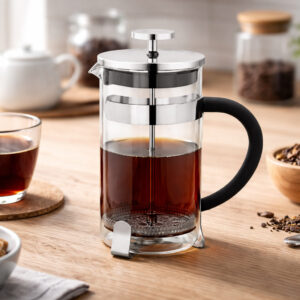 Френч-прес Chill 350 ml TM Discover з чаєм або кавою на кухонному столі поруч з чашкою та зернами кави