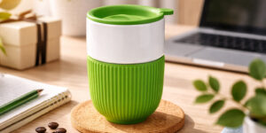 горнятко керамічне Barell ТМ Discover з зеленою силіконовою накладкою та кришкою на столі