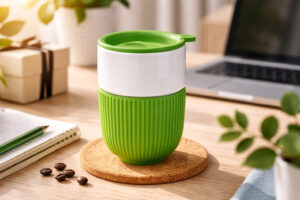 горнятко керамічне Barell ТМ Discover з зеленою силіконовою накладкою та кришкою на столі