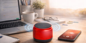 колонка бездротова Bells TM TEG червона на столі поруч зі смартфоном та ноутбуком