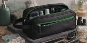 косметичка з логотипом Tourist TM Discover чорна з зеленою блискавкою у використанні з косметикою