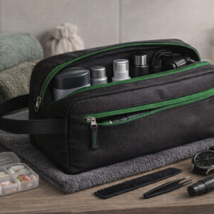 косметичка з логотипом Tourist TM Discover чорна з зеленою блискавкою у використанні з косметикою