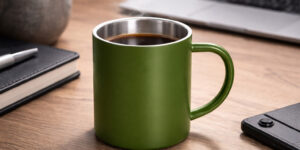 кружка металева Soldier TM Discover олива на столі з кавою крупний план брендована кружка