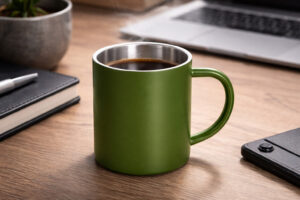 кружка металева Soldier TM Discover олива на столі з кавою крупний план брендована кружка