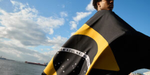 Lifeless Flag кампанія — синій річковий дельфін і зелений ліс у жовтому ромбі прапора Бразилії як символ залежності природи від океану