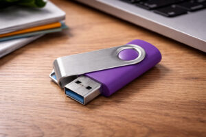 Металева флешка GOODRAM USB TS001 Twister у відкритому вигляді на дерев’яному столі поруч із ноутбуком