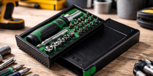 Набір інструментів Scroll TM Discover у відкритій коробці на робочому столі з викруткою та бітами