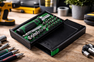 Набір інструментів Scroll TM Discover у відкритій коробці на робочому столі з викруткою та бітами