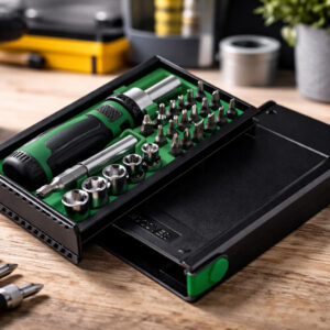 Набір інструментів Scroll TM Discover у відкритій коробці на робочому столі з викруткою та бітами