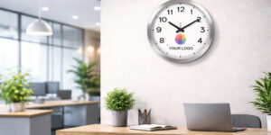Настінний годинник TimeWheel 40 см із логотипом компанії на стіні в офісі на ресепшені