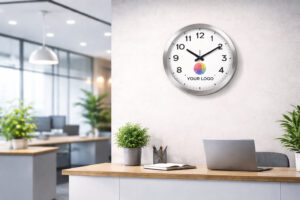 Настінний годинник TimeWheel 40 см із логотипом компанії на стіні в офісі на ресепшені