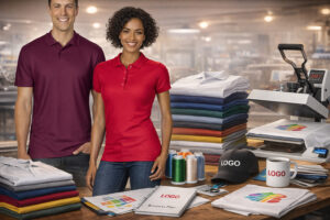 Чоловіче та жіноче поло Gildan SoftStyle 177 TM Gildan у бордовому та червоному кольорах у середовищі брендування одягу