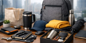 український ринок сувенірки 2026 — термочашка, рюкзак, блокнот, power bank та подарунковий набір на столі