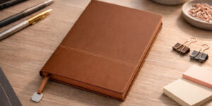 записна книжка A5 Malaga коричнева з м’якою обкладинкою та пофарбованими торцями сторінок на робочому столі