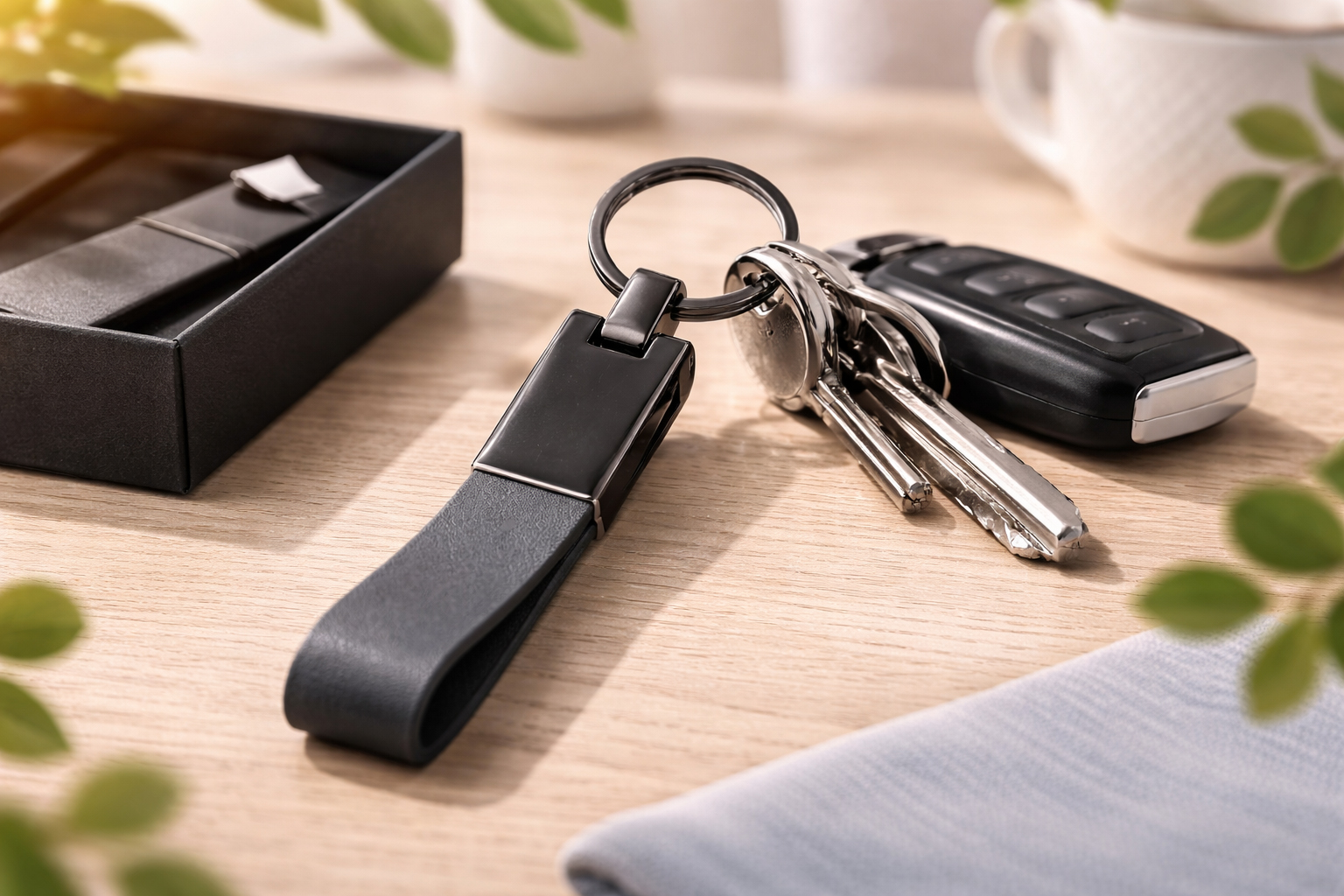 брелок для ключів Amulet TM Discover з металу та еко-шкіри з ключами на столі