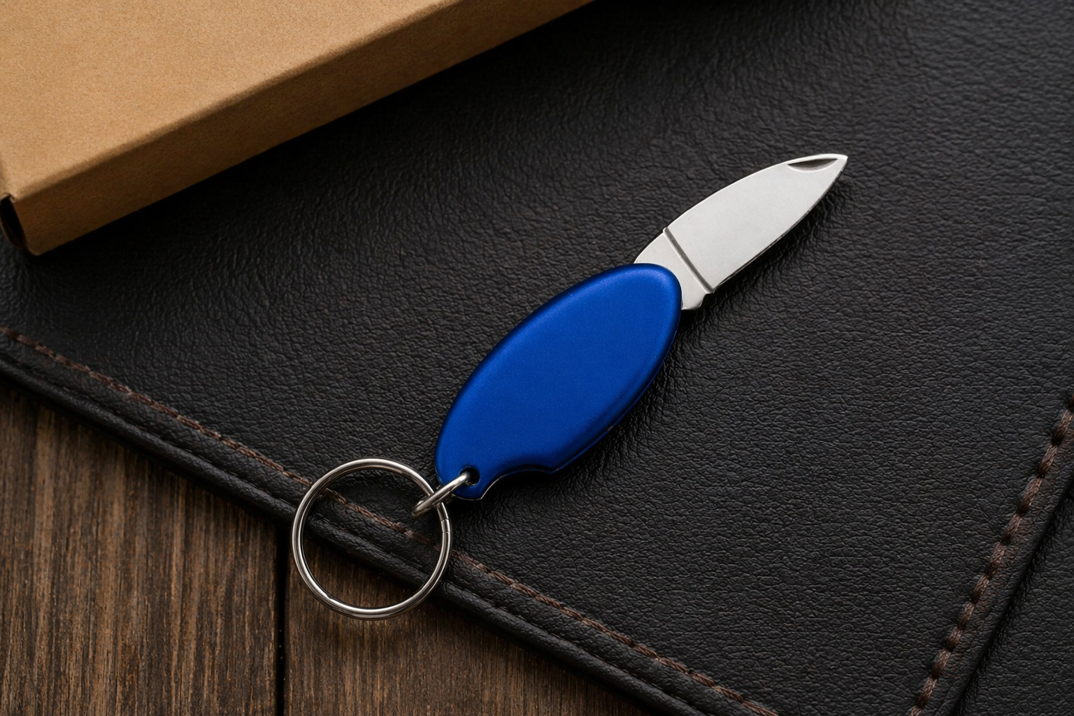 Брелок для ключів Drop TM Discover з металевим лезом на темній поверхні, синій корпус