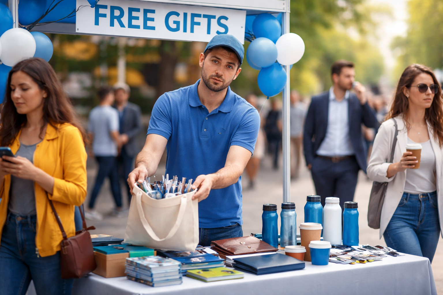 чому клієнти не беруть сувенір — люди проходять повз промоутера з безкоштовною сувенірною продукцією