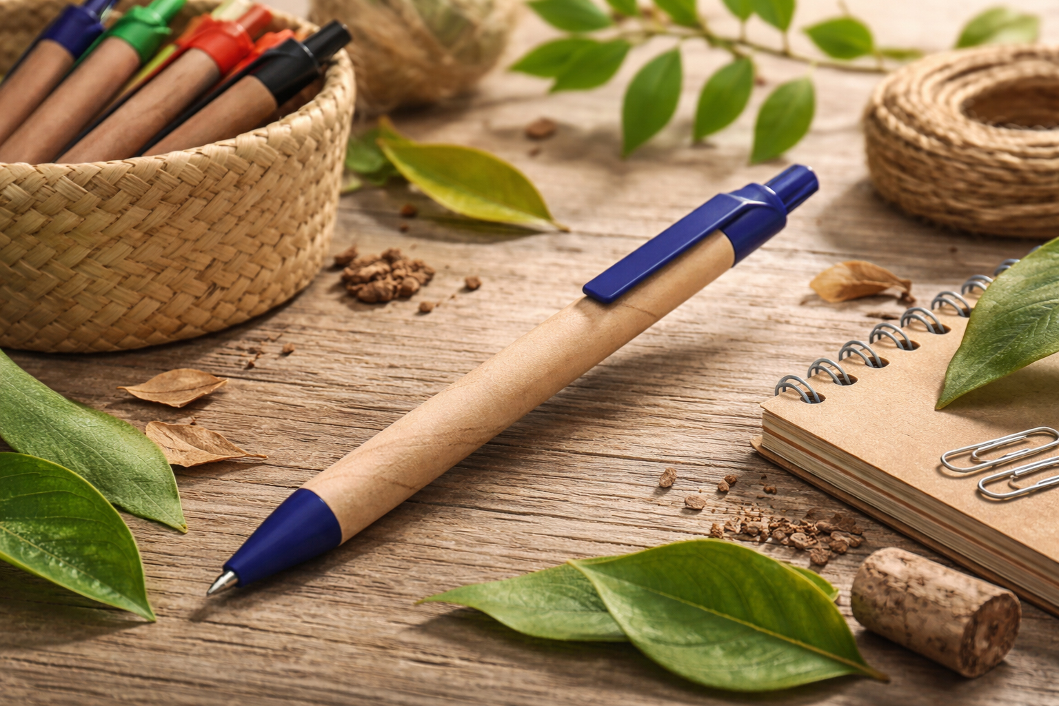 еко-ручка кулькова Astrada з паперовим корпусом та синіми елементами на дерев’яній поверхні серед природних матеріалів