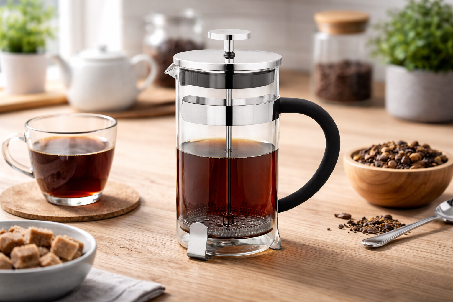 Френч-прес Chill 350 ml TM Discover з чаєм або кавою на кухонному столі поруч з чашкою та зернами кави