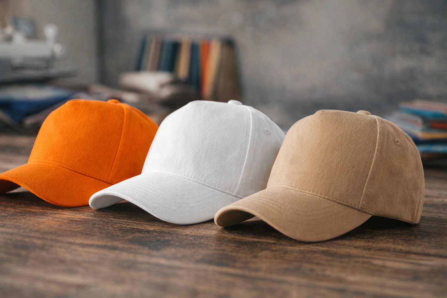 Кепки 5P Malfini у трьох кольорах (помаранчева, біла, бежева) на дерев’яній поверхні
