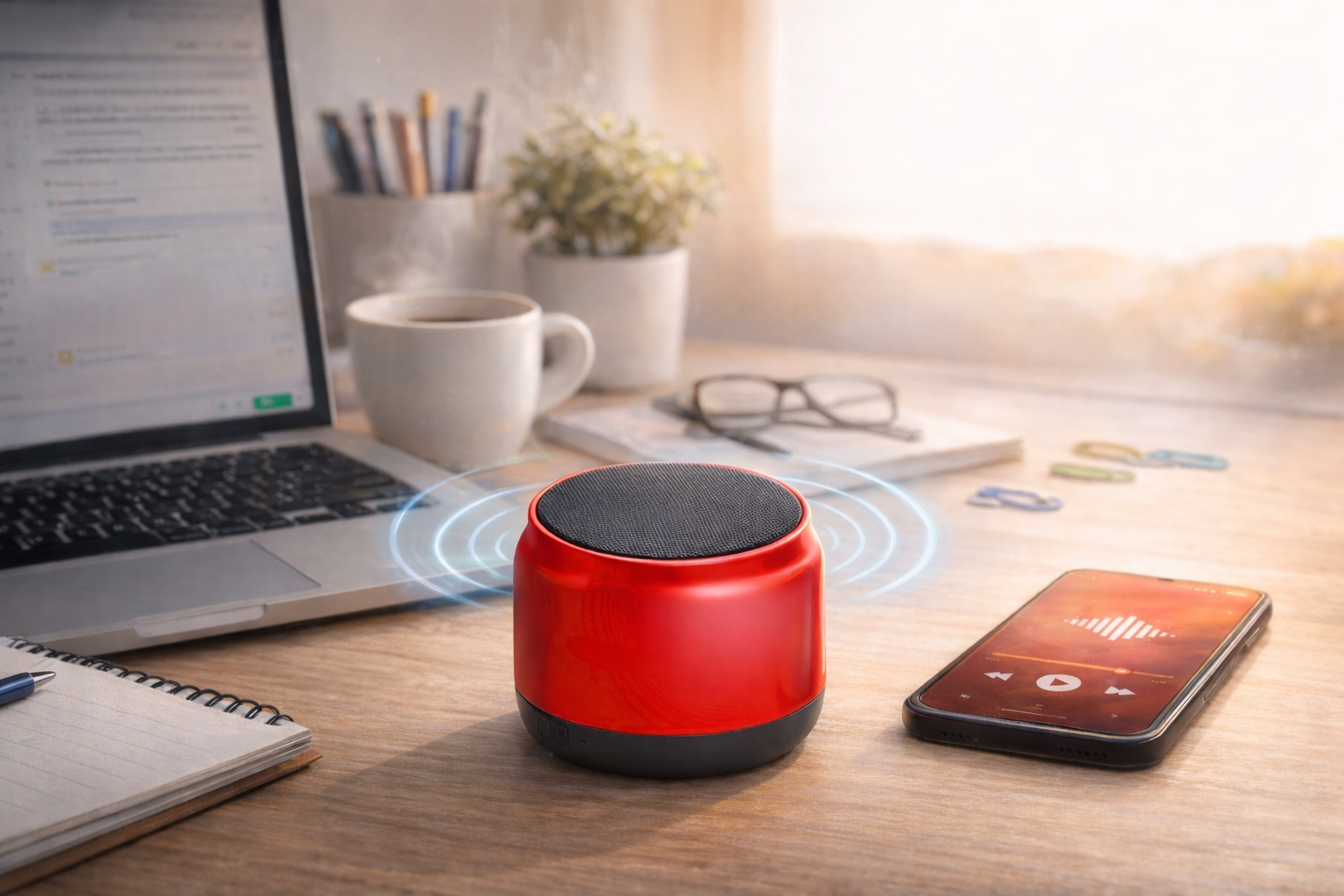 колонка бездротова Bells TM TEG червона на столі поруч зі смартфоном та ноутбуком