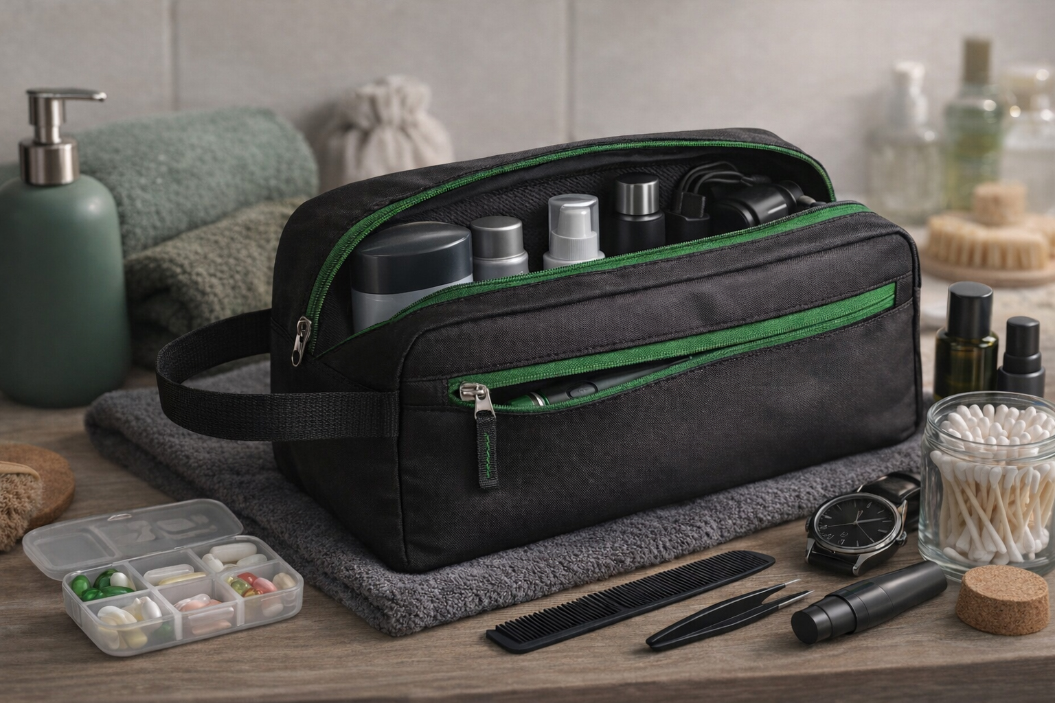 косметичка з логотипом Tourist TM Discover чорна з зеленою блискавкою у використанні з косметикою