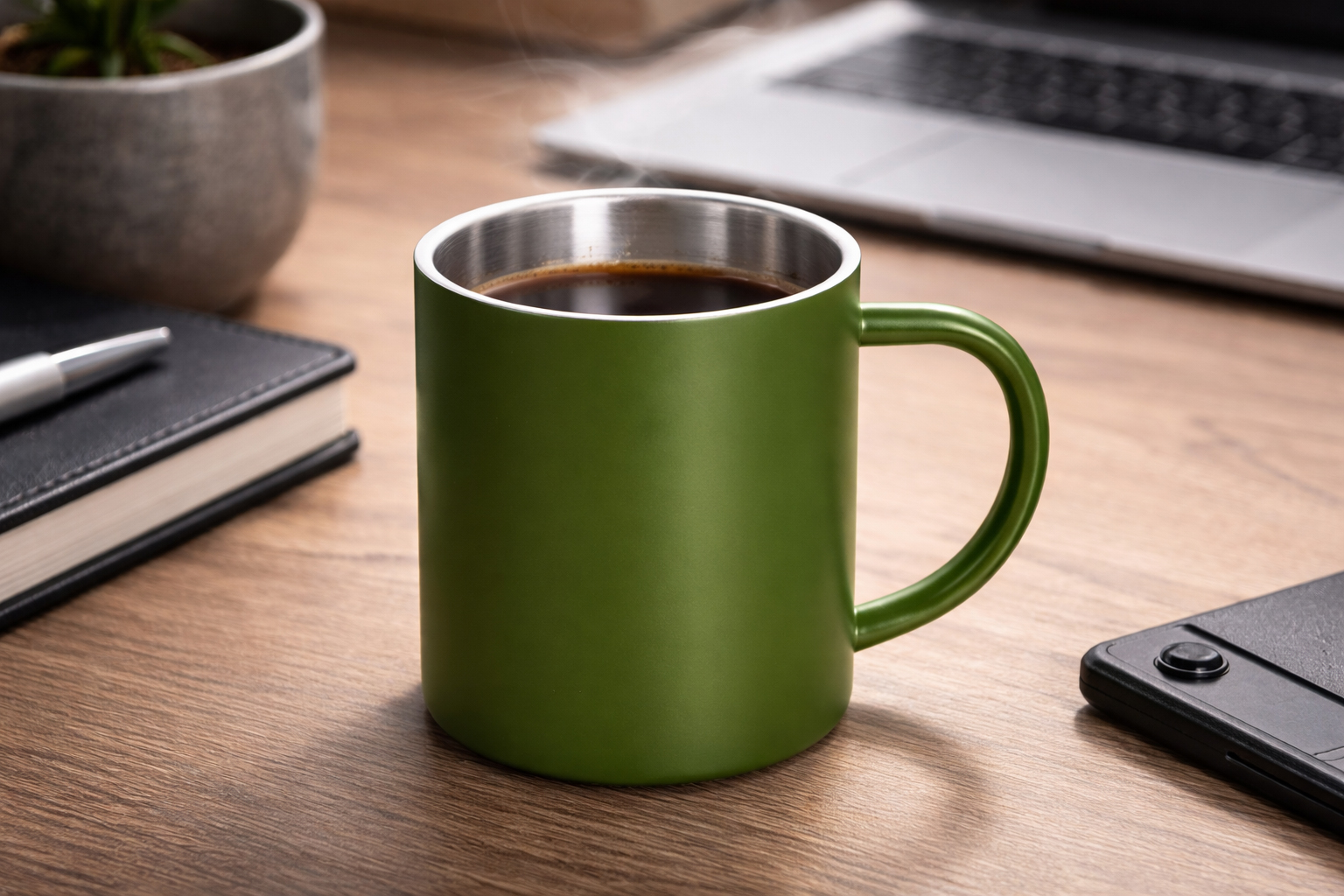 кружка металева Soldier TM Discover олива на столі з кавою крупний план брендована кружка