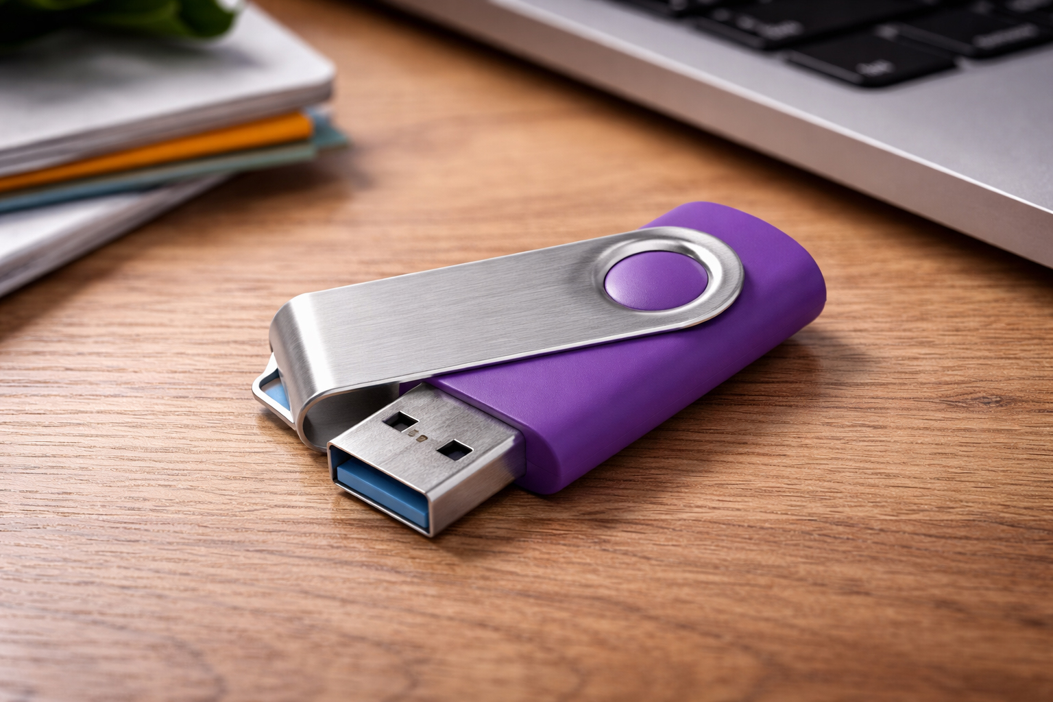 Металева флешка GOODRAM USB TS001 Twister у відкритому вигляді на дерев’яному столі поруч із ноутбуком