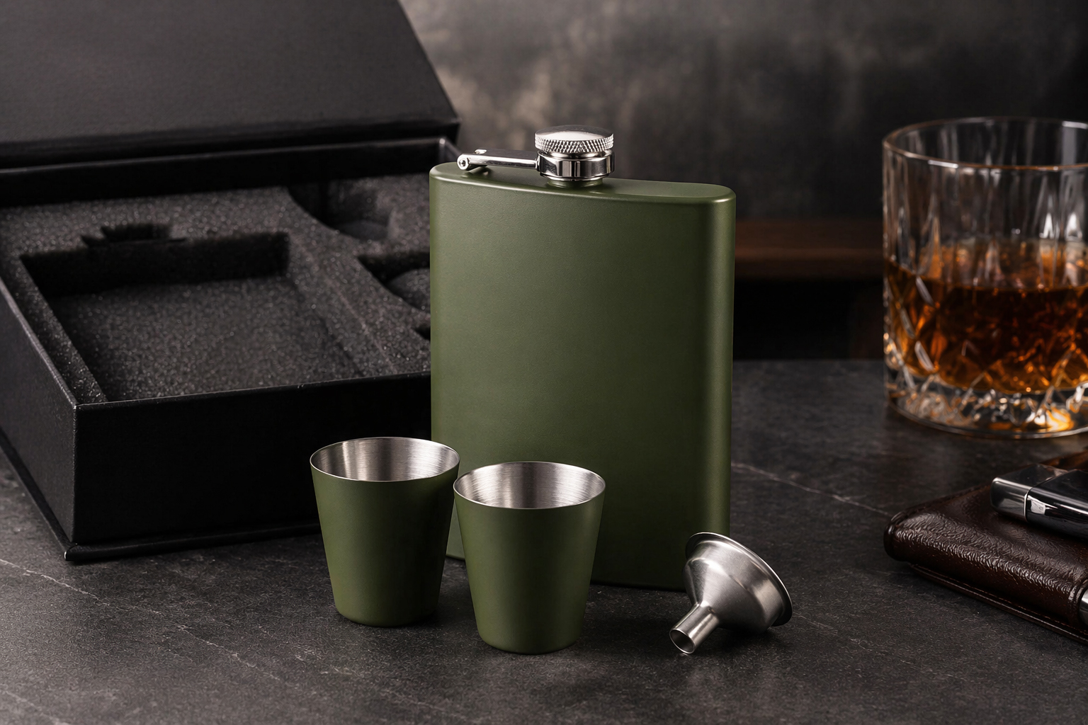 Набір фляга та 2 рюмки Dalmore TM Discover зелений матовий з нержавіючої сталі у подарунковому оформленні