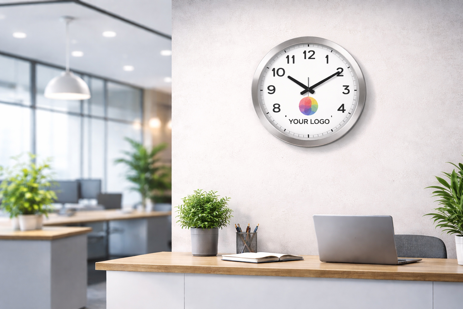 Настінний годинник TimeWheel 40 см із логотипом компанії на стіні в офісі на ресепшені
