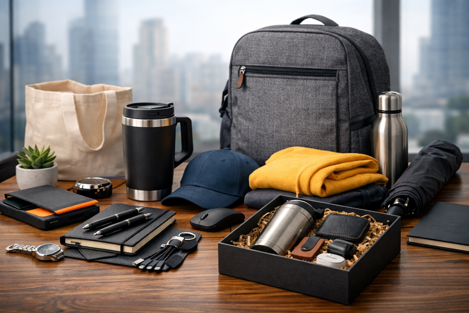 український ринок сувенірки 2026 — термочашка, рюкзак, блокнот, power bank та подарунковий набір на столі