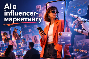 AI в influencer-маркетингу: концептуальна ілюстрація автоматизації роботи брендів із креаторами, аналізу інфлюенсерів та управління creator-кампаніями за допомогою штучного інтелекту.