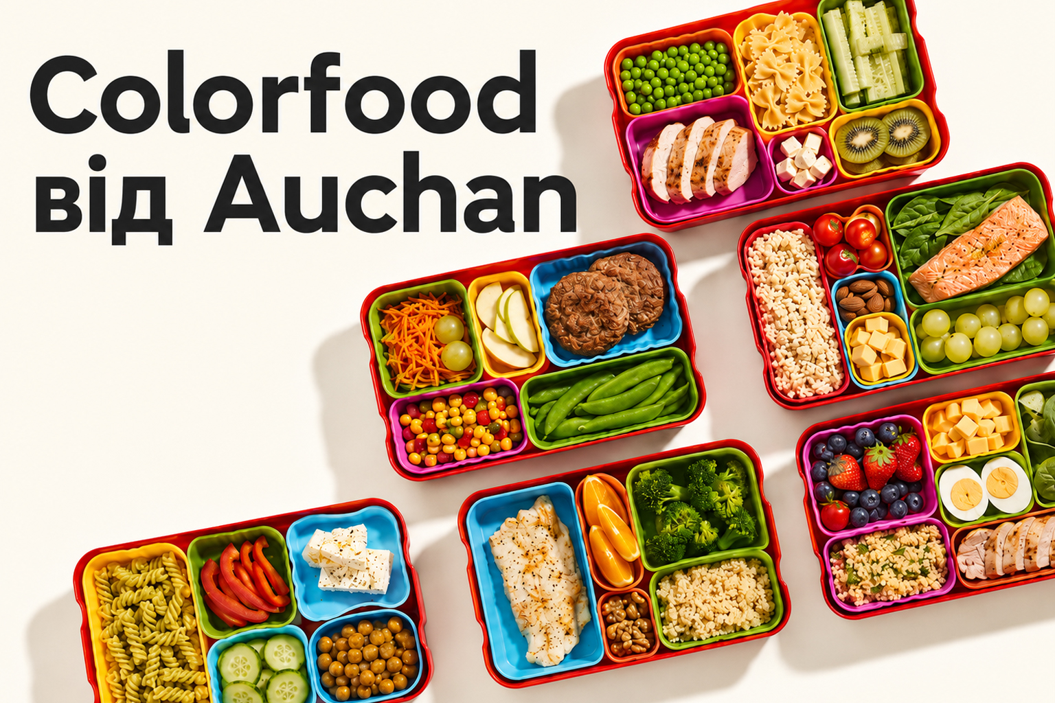 Colorfood від Auchan — різнокольорові ланч-бокси з овочами, фруктами, рибою, пастою, рисом та іншими здоровими продуктами