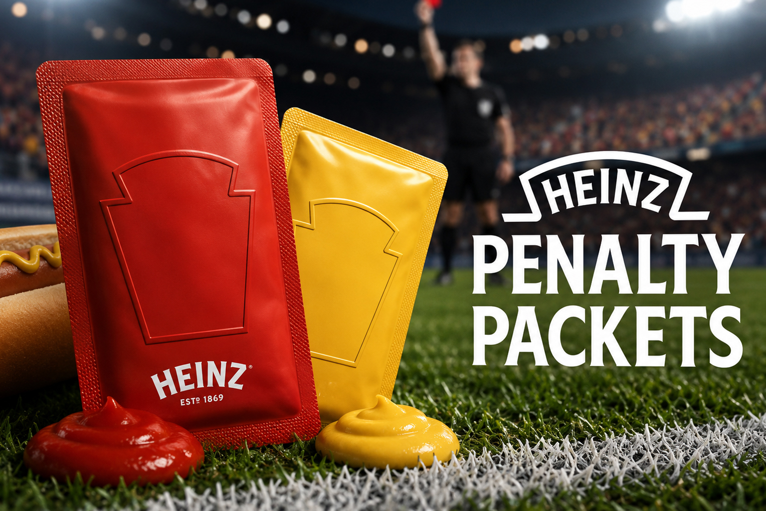 Heinz Penalty Packets — великі пакетики кетчупу та гірчиці у вигляді червоної й жовтої футбольних карток на тлі стадіону